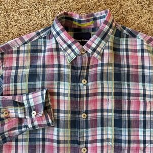 Tommy Bahama Mens Medium 100% Linen Plaid Button Shirt Pink Blue Teal